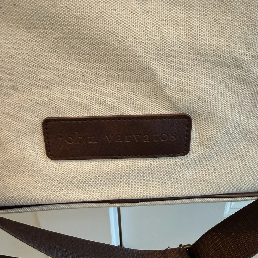 NEW John Varvatos Canvas Crossbody Messenger Travel Bag Duffle Cream Brown